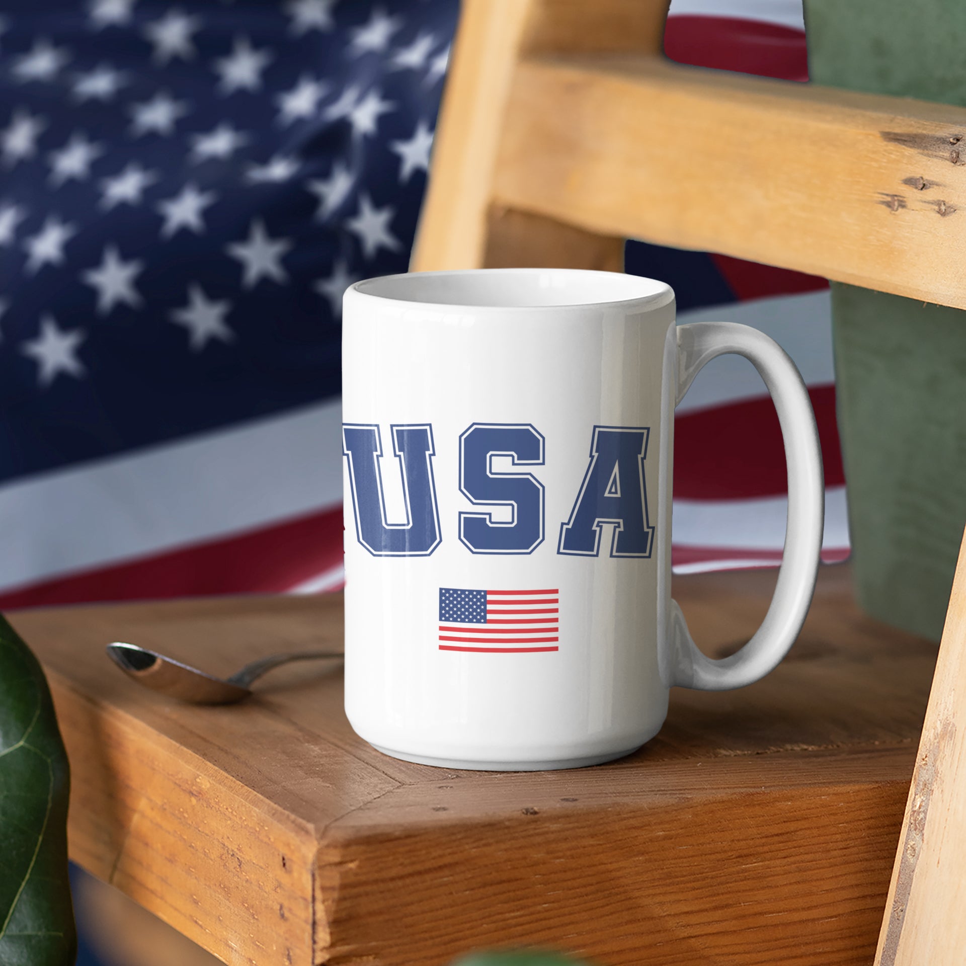 a coffee mug with the american flag in the background