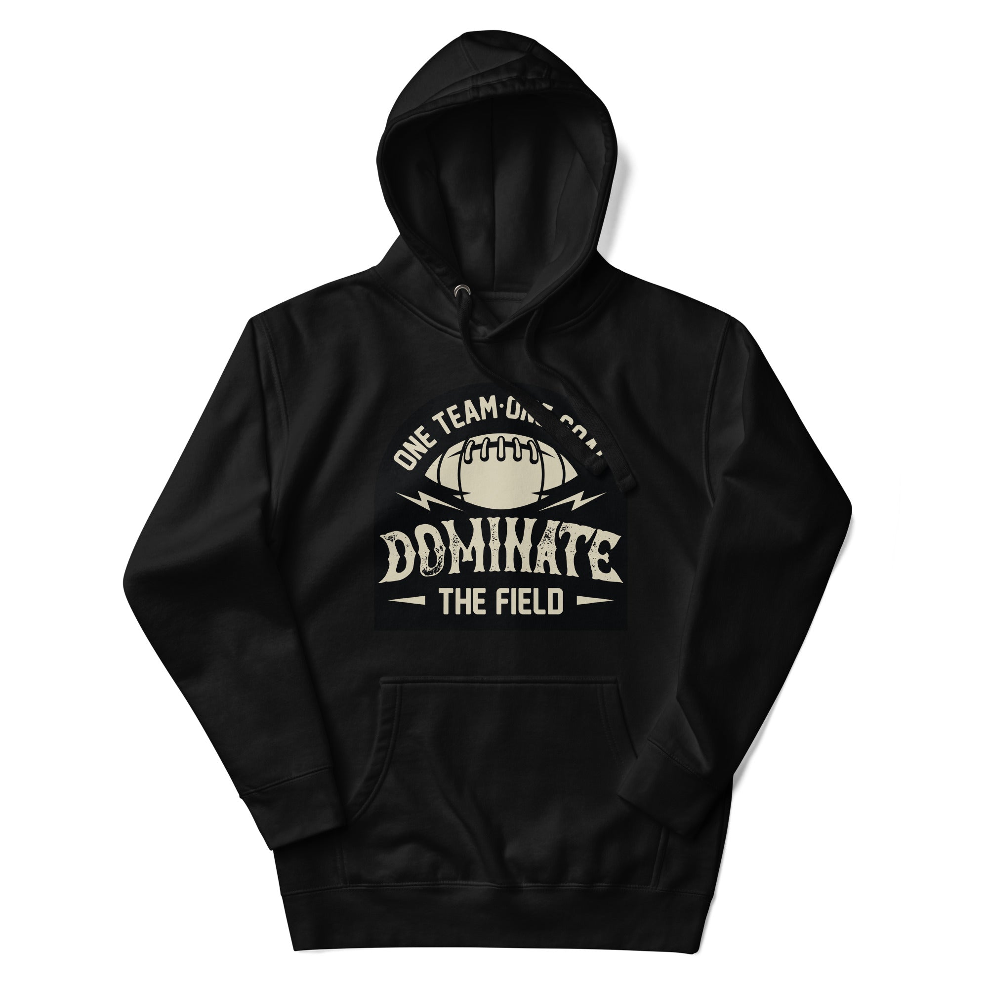 a black hoodie with the words dominate the field on it