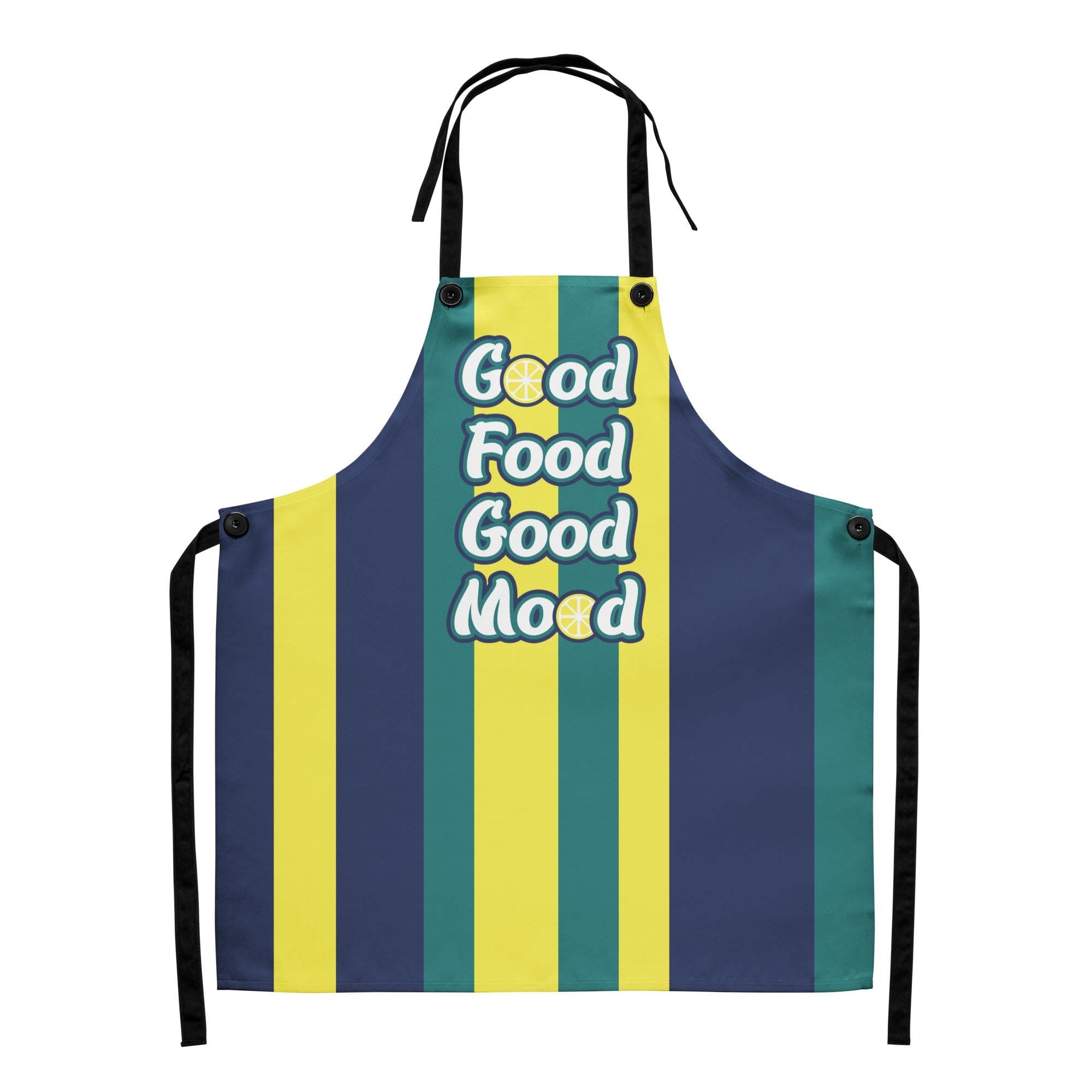 A colorful apron with the text "GOOD FOOD GOOD MIND" printed on it.