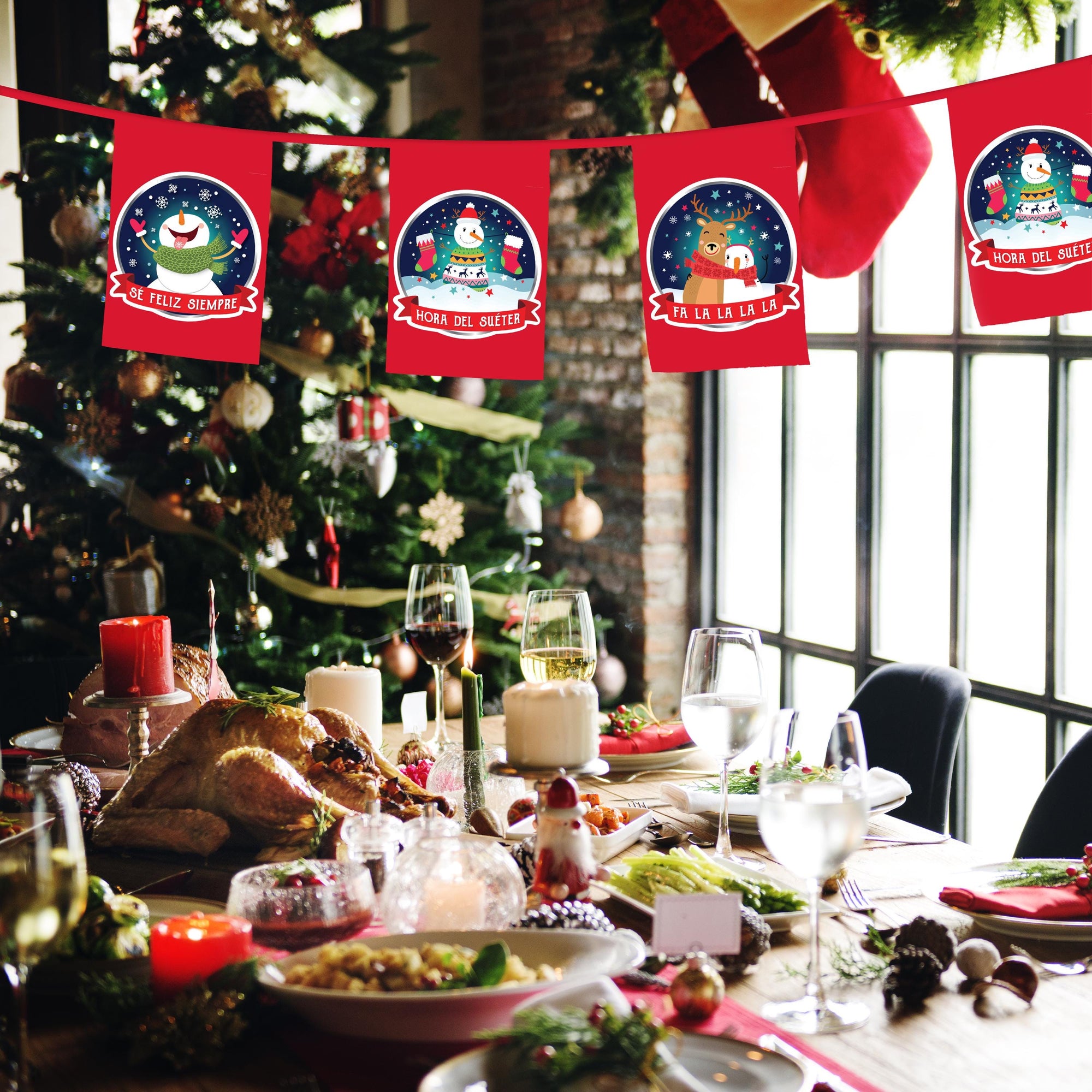 a festive Christmas scene with a table set for a meal, featuring a roasted turkey, various dishes, and wine glasses. The table is decorated with Christmas ornaments and a banner with holiday greetings.