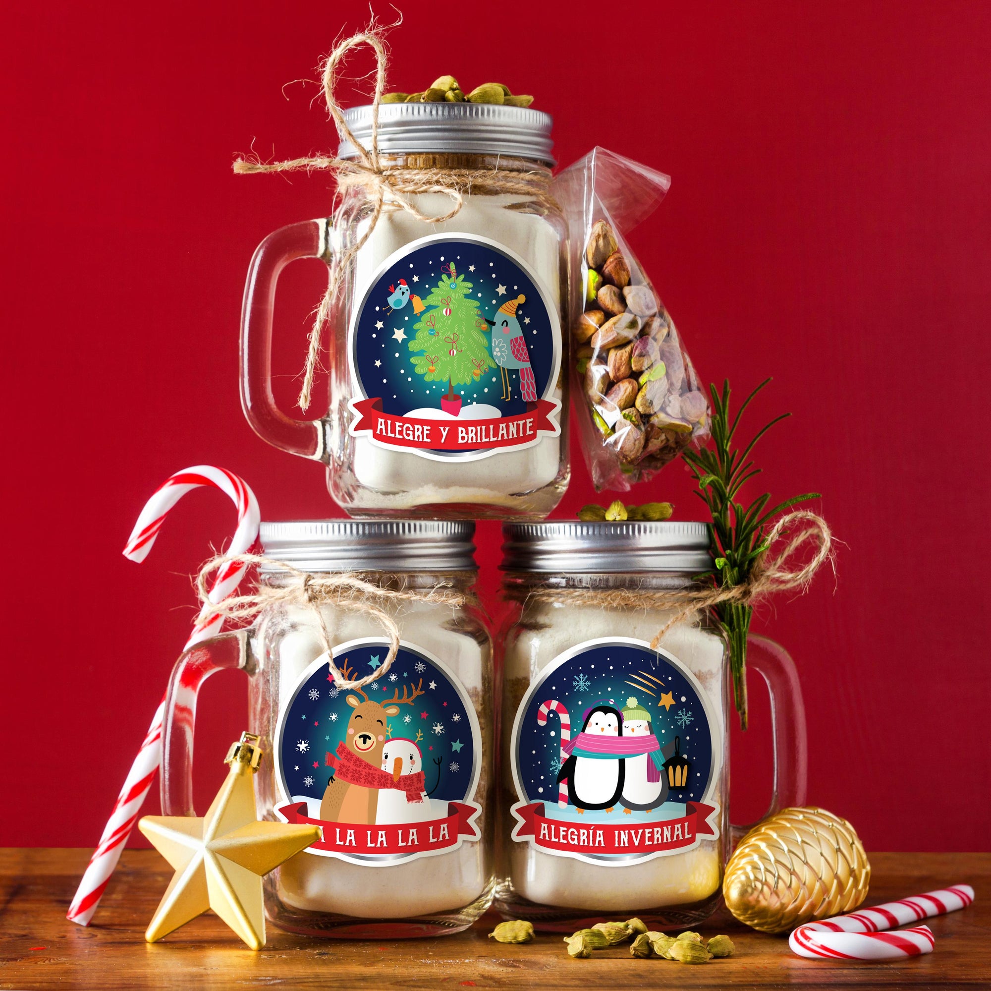 three glass jars with Christmas-themed labels, each containing a different holiday decoration. The jars are placed on a wooden surface, surrounded by festive items such as a star, candy canes, and pine cones.