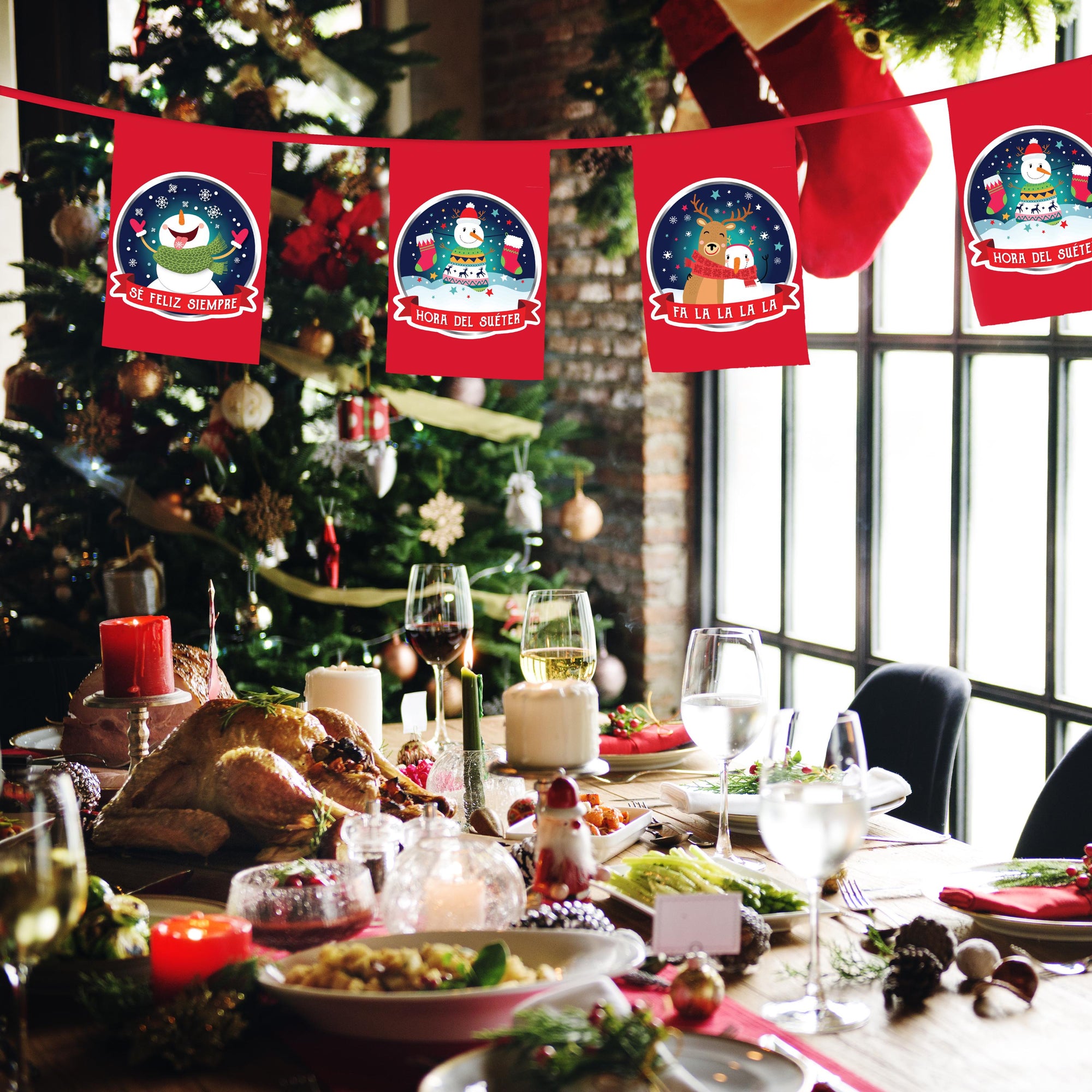 a festive Christmas scene with a table set for a meal, featuring a roasted turkey, various dishes, and wine glasses. The table is decorated with Christmas ornaments and a banner with holiday greetings.