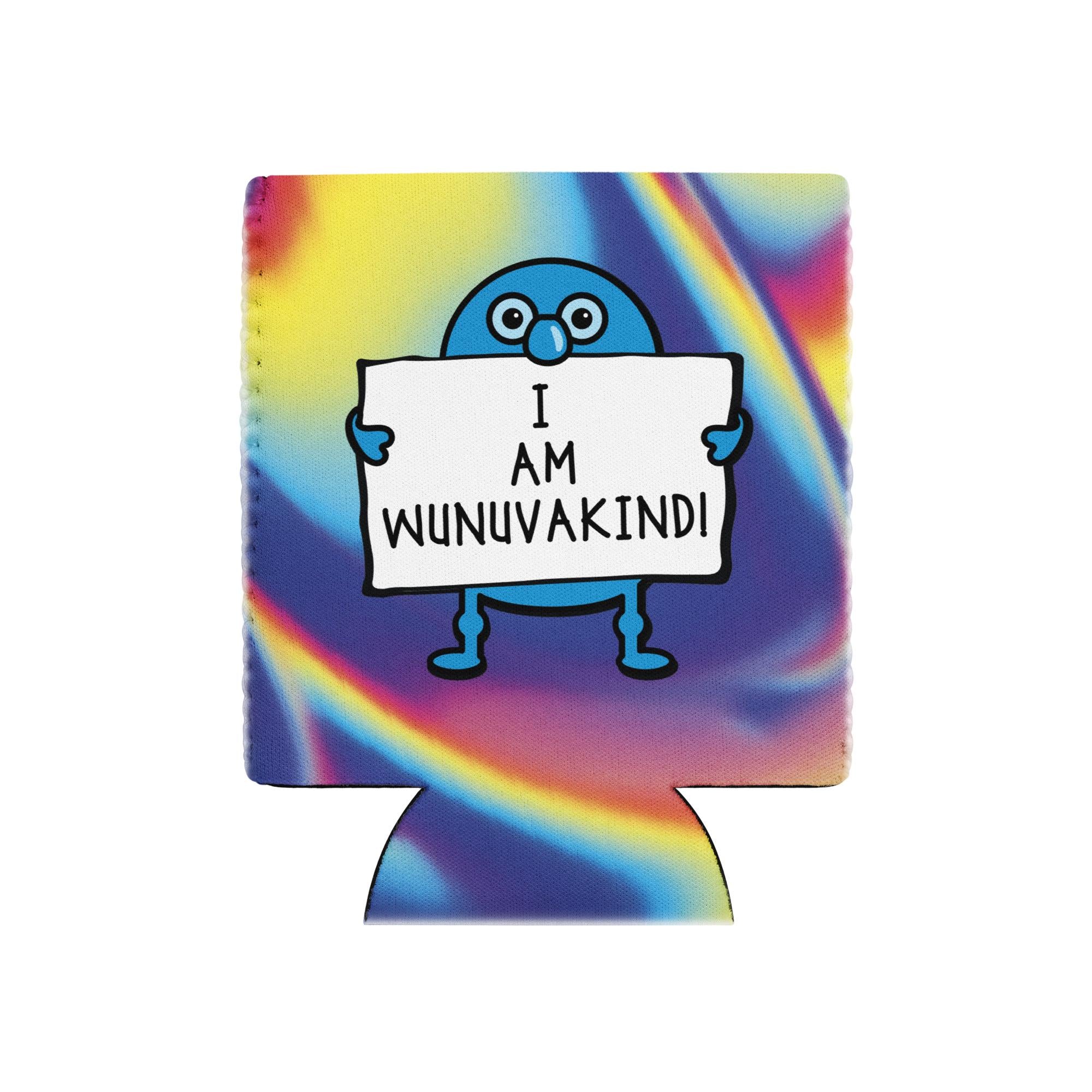 A colorful, abstract image featuring a blue character holding a sign that says "I AM WUNUVAKIND!"