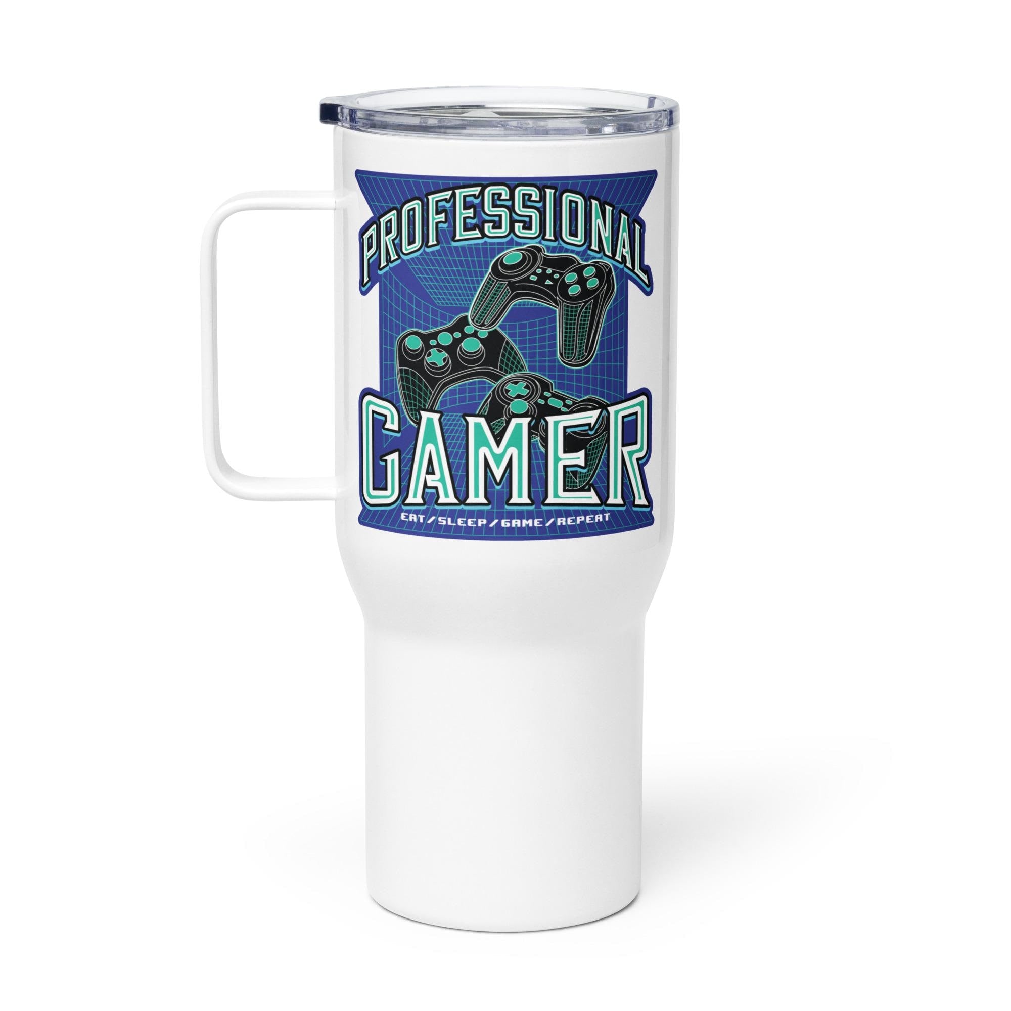 A white insulated tumbler mug with a graphic design featuring a pair of game controllers and the text "Professional Gamer" printed on it.