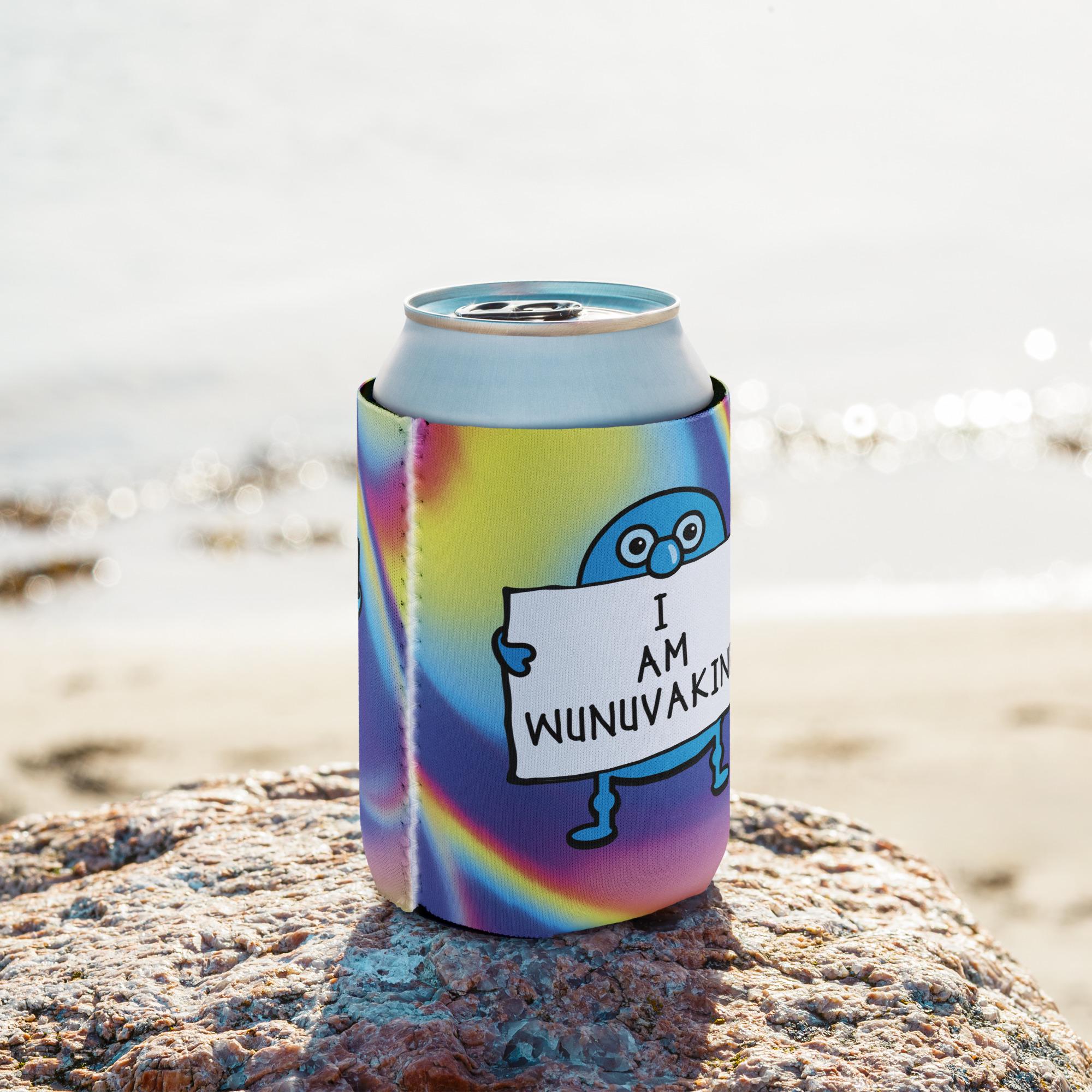 A colorful drink can with a cartoon character holding a sign that says "I AM WUNUVAKIN".