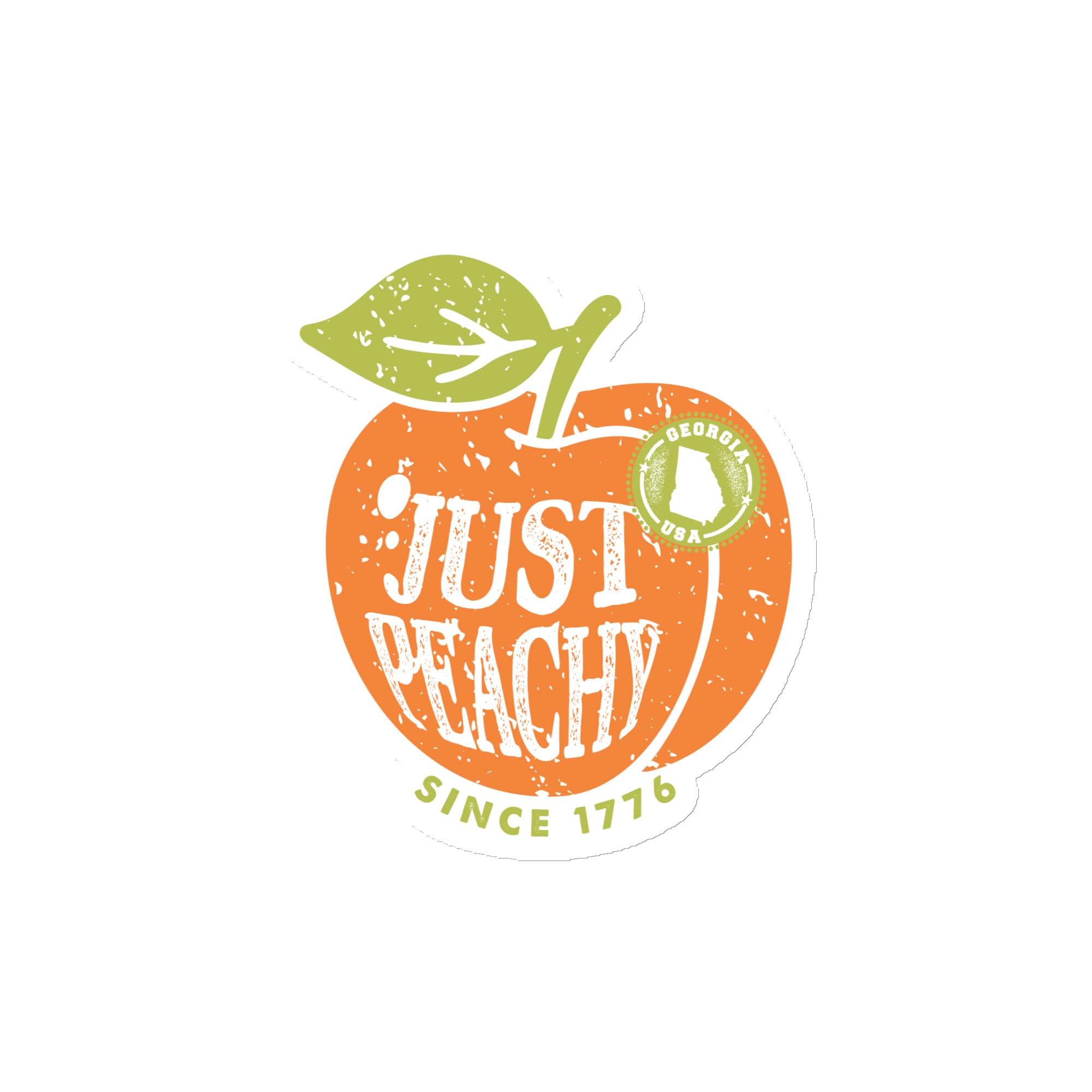 a stylized logo with the text "Just Peachy" and "Since 1776" on an orange background.