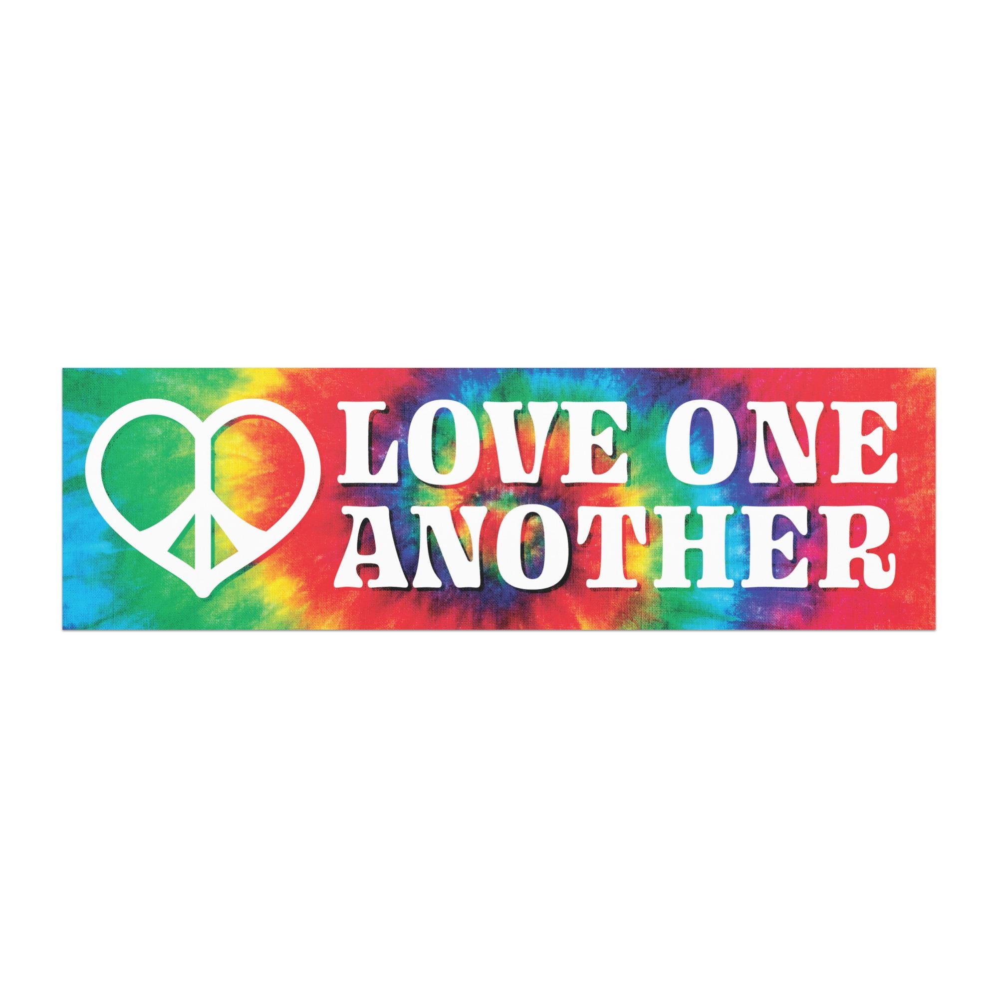 a colorful tie-dye background with the text "LOVE ONE ANOTHER" written across it.