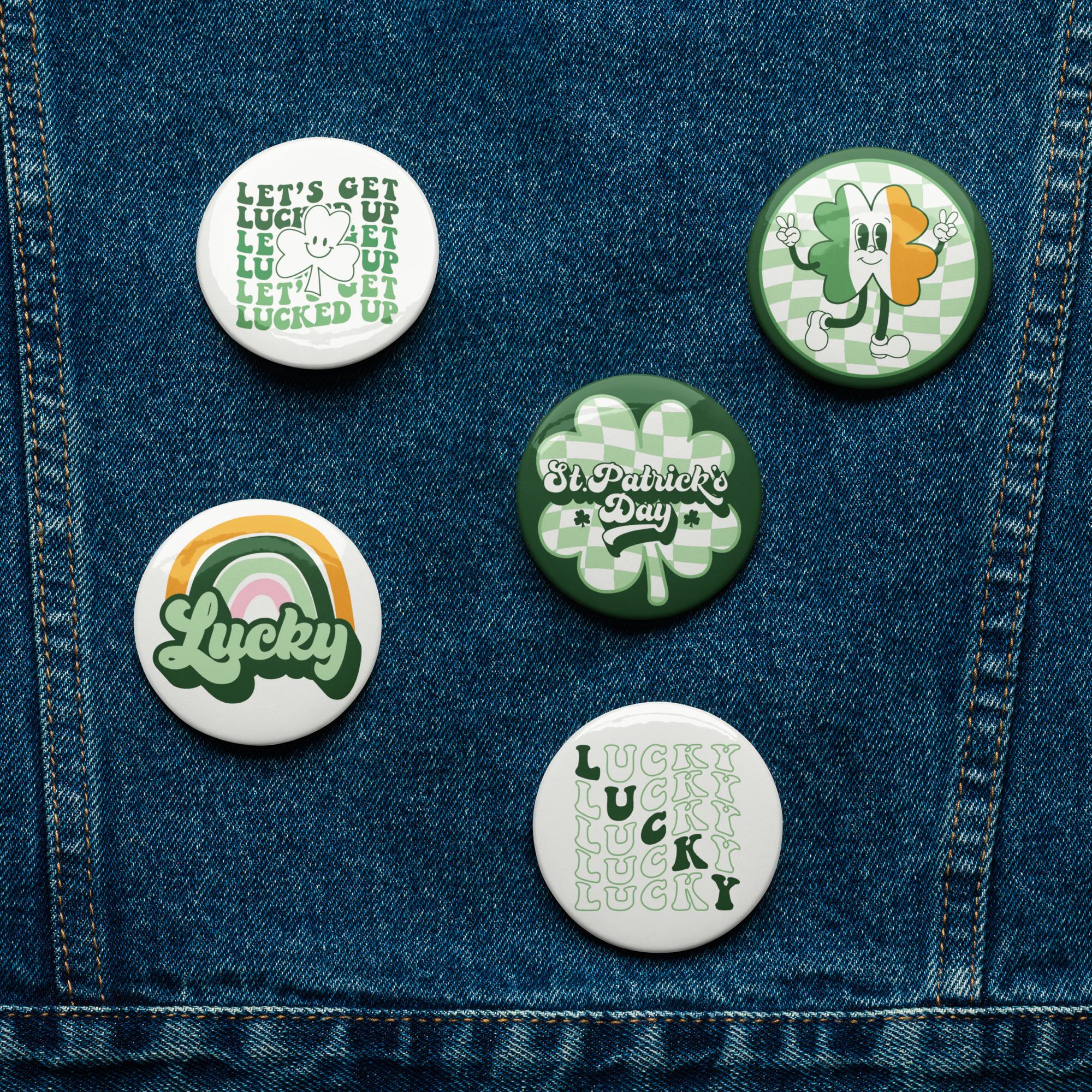 five circular badges with various designs and text, all related to the theme of St. Patrick's Day.