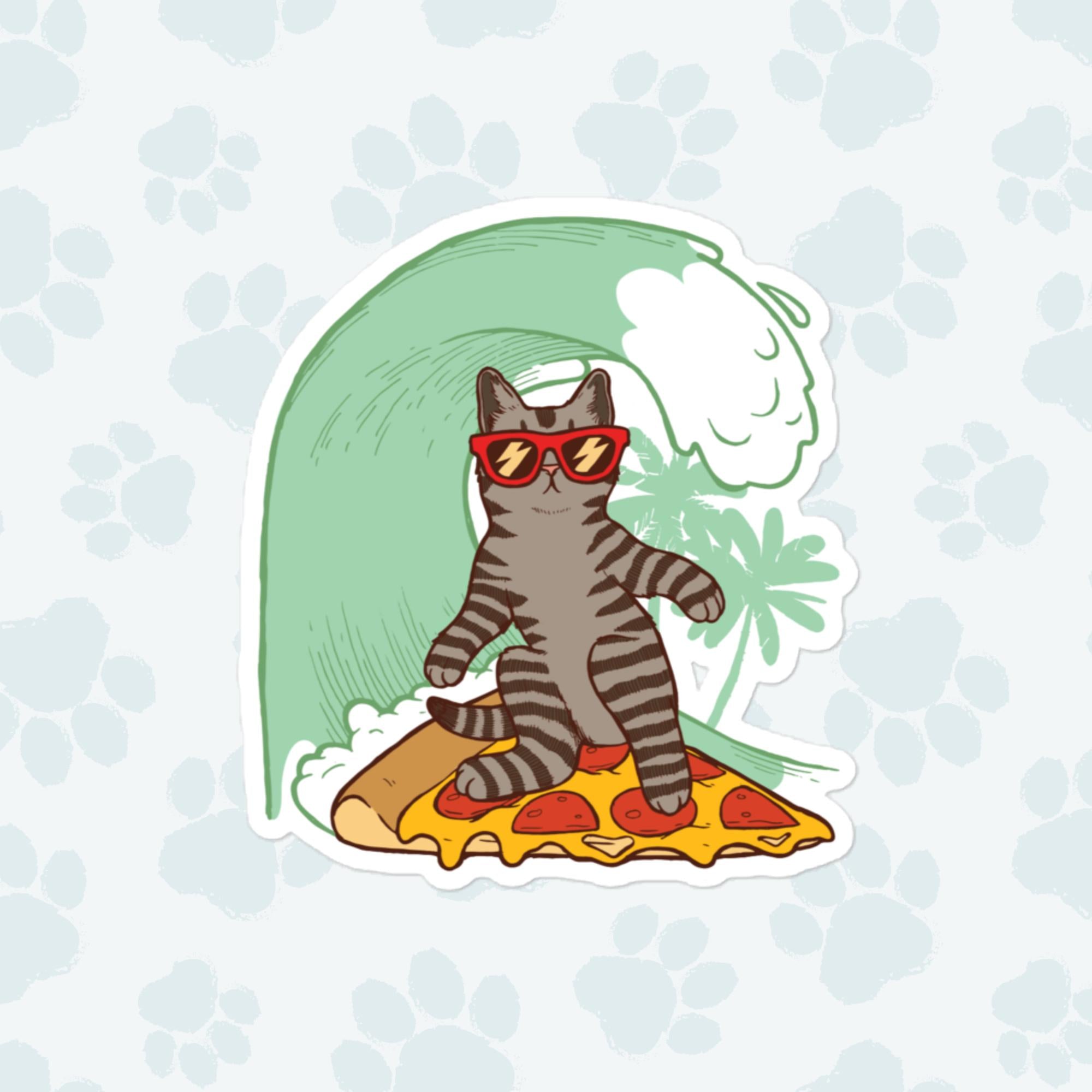 Pizza Surf Cat Sticker, Large 4in Vinyl Sticker